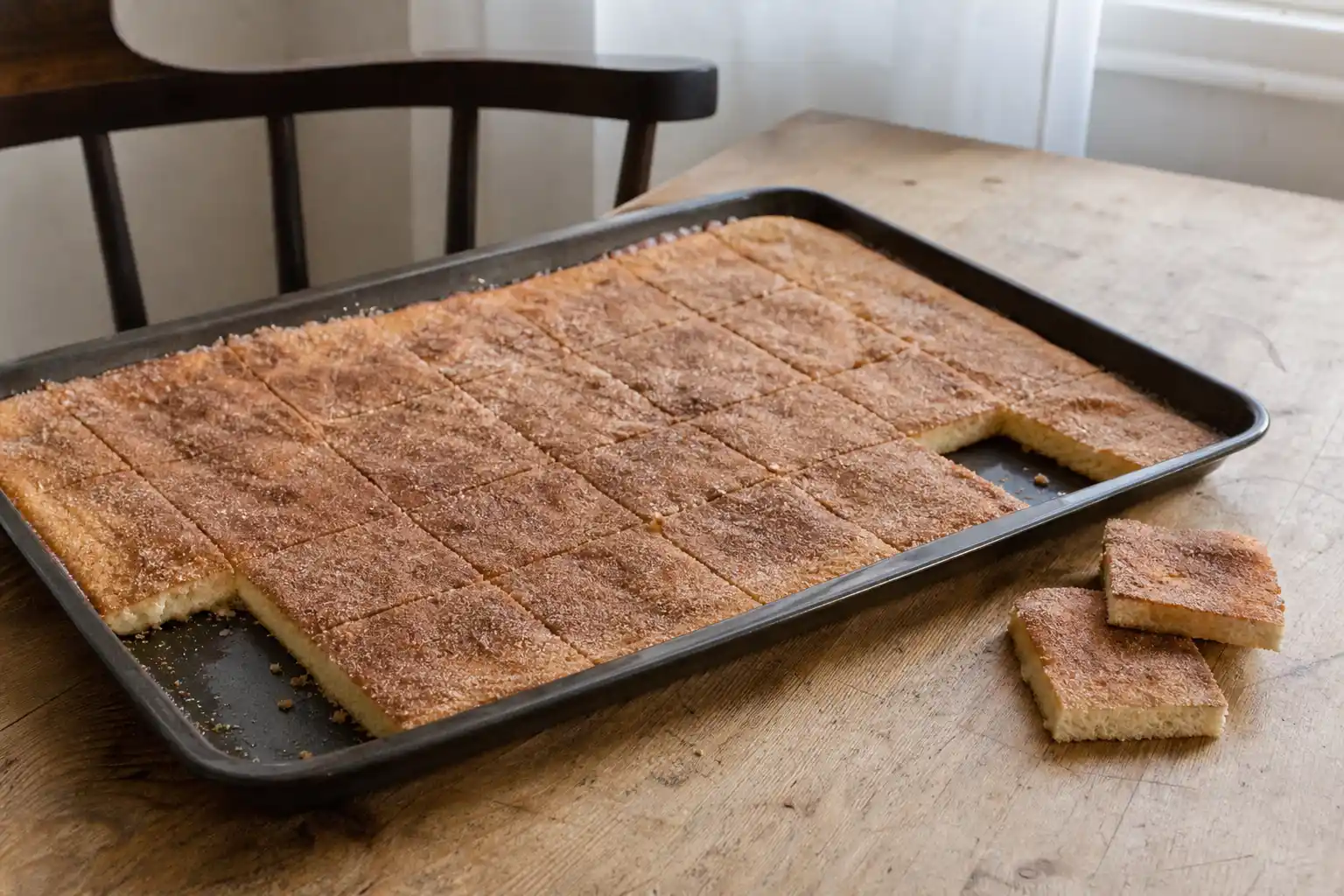 Långpannekaka med kanelsocker i plåt på ett träbord, skuren i jämna bitar och med några bitar upplagda bredvid.