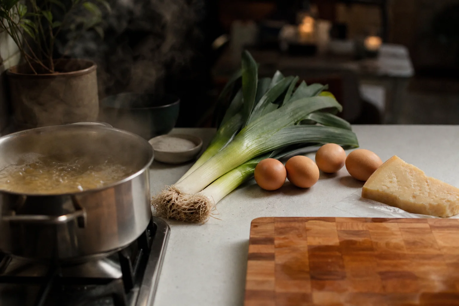 Köksbänk i dämpat ljus med kokande kastrull, två purjolökar, ägg, en bit hårdost och en tom skärbräda.