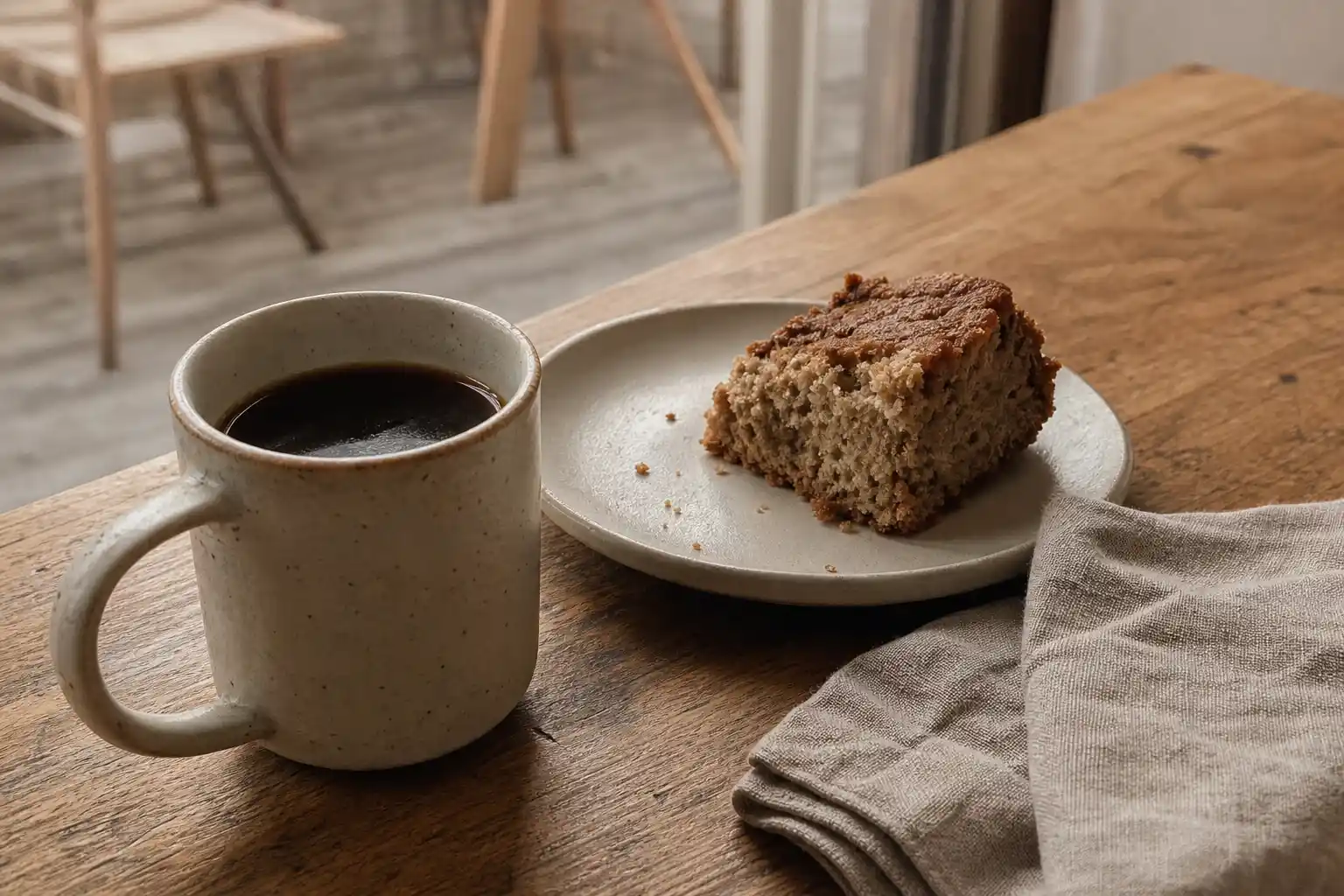 Dukat fikabord i caféet med kaffekoppar, tallrikar och nybakat på fat.